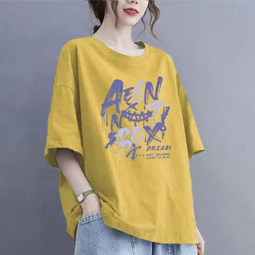 Ladies Casual Korean Printing O-neck Oversized Top Tee Summer All-match Letter Loose Cotton T-Shirt Women Clothing Pullover Tops