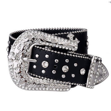 Black Cross Rivet Belt Engraved Buckle Rhinestone Decor PU Belt Hip Hop Jeans Pants Belt Punk Western Cowboy Cowgirl Belts
