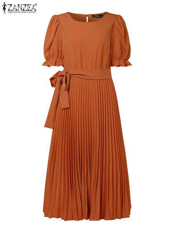 ZANZEA 2025 Summer Dress Elegant Women O Neck Short Puff Sleeve Midi Dresses Pleated Sundress Casual Solid A Line Party Vestidos