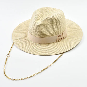 Fashionable Metal RB Letter Straw Hats for Women Men Summer Outdoor Holidays Beach Sun Hat Panama Hat