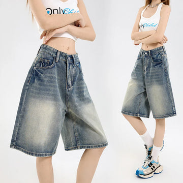 2025 Korean Street Casual Y2K Loose Wide-leg Denim Shorts Five-point Baggy Jeans Women's All-match Straight Summer Hot Shorts