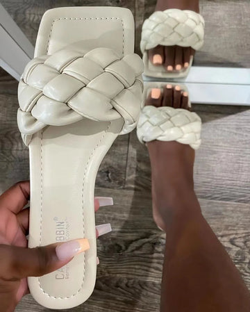 2024 summer women new square head flat bottom woven in-line women's large size beach sandals/slippers all-match leisure slippers