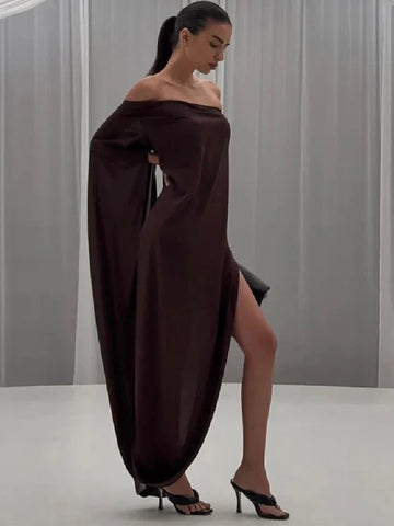 kliou Strapless Irregular Design Women Maxi Dress Classic Solid Strapless High Split Swinging Sheath Long Robe Mujer Party Frock
