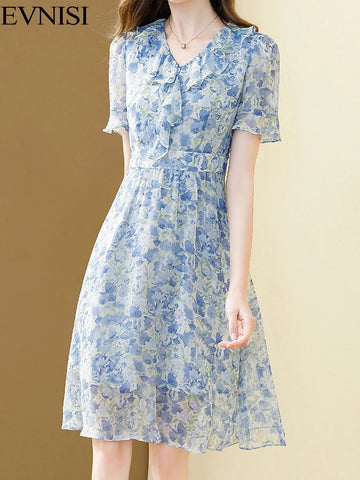 EVNISI Women Chic Blue Printing Chiffon Dress V-neck Short Sleeve Elegant Office A-LINE Dresses Summer For Women Party Vestido