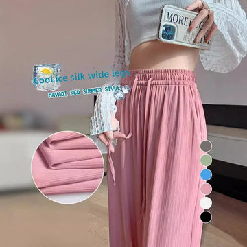 Pink Ice Silk Wide Leg Pants Women Summer Thin High Waist Drape Casual Small Cool Straight Leg Trousers AE Stock Origin China