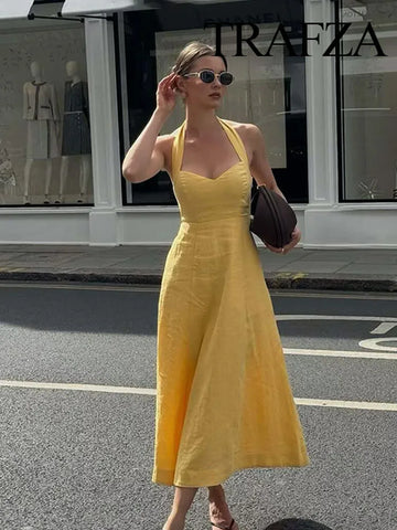TRAFZA Women Fashion Slim Dresses Solid Square Collar Sleeveless Backless Zipper Sexy Midi Dress Female Summer Beach Party Dress