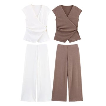 MYST&ZA2025 Summer New Women's Wear Pin-Decorated Sleeveless Double-Breasted V-Neck Top + Simple Mid-Waist Casual Pants Set