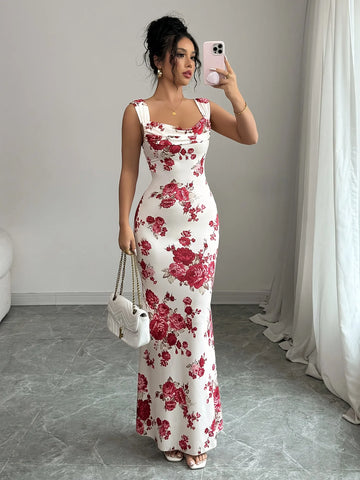 French Vintage Temperament Slim Printing Summer Fashion Women Elegant Hip Sling Low Collar Sleeveless Off Shoulder Slip Dress