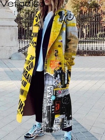 2025 Spring Autumn Lapel Wool Blends Coat Loose Mid-length Cartoon Character Printing Leisure Coat Fashion Women's LHX3548