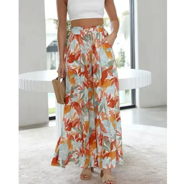 Casual Versatile High Waist Printed Wide Leg Pants Elastic Belt Women's Spring Summer New Style Cross-Border Long Trousers
