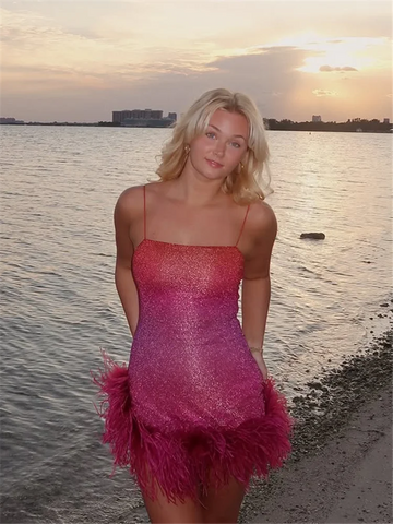 Feather Decoration Glitter Halter Dress Woman Slim Gradient Short Dresses Luxurious Shimmering Women's Vacation New Mini Dress