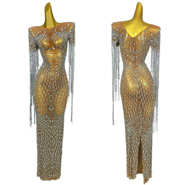 Luxury Sparkly Rhinestone Tassel Mesh Evening Dress Women Sexy Prom Couture Birthday Party Celebrity Photo Shoot Wear Shengkai