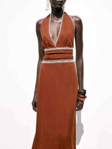 European style new women's fashion versatile temperament simple embroidery sleeveless V-neck midi dress