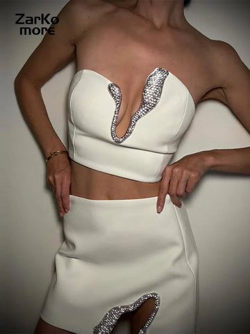 Sexy Rhinestone Mini Skirt Sets Women Strapless V-neck Backless Tube Vest Tops Hip Package Skirts 2025 Summer 2 Pieces Outfits