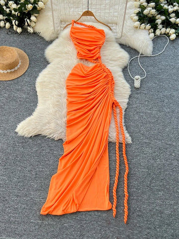 SINGREINY Hollow Out Split Beach Long Dress 2025 Strap Chic Drawstring Backless Sexy Sundress Streetwear Ruched Solid Maxi Dress