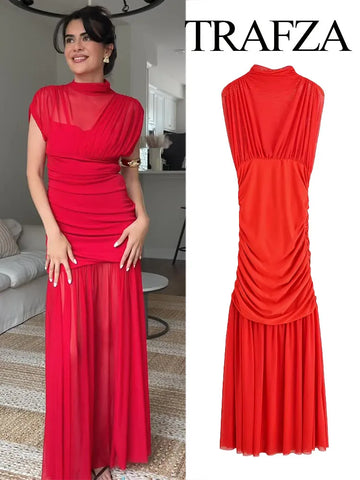 TRAFZA Woman Summer Fashion Zipper Sleeveless Party Long Dress Female Temperament Sexy Tulle Splicing Design Pleated Midi Dress