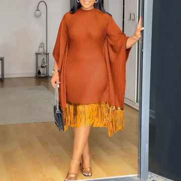 Elegant Batwing Sleeve Tassel Sequin Elastic Slim Midi Dresses Women African Traditional Style Office Ladies Evening Prom Dress