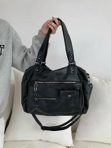 Classic Retro Business Trip Luggage Bag Travel Bag Large Capacity Portable Shoulder Tote Bag Multi-Zipper Motorcycle Crossbody Bag for Women