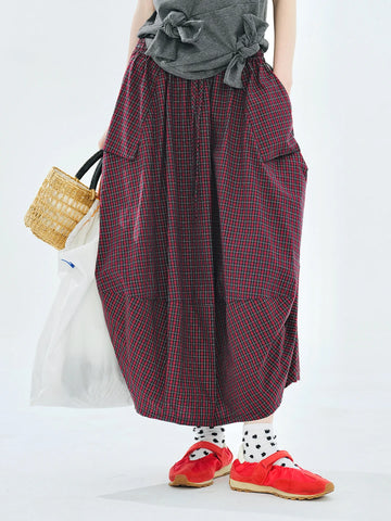Women's Red Black Checkered Long Skirt Loose Fit Pockets Detail Transitional Wardrobe Versatile Styling