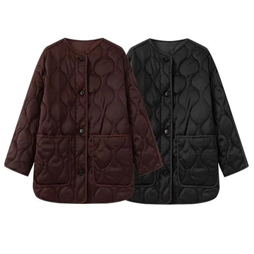BSK&TRAF2025 Autumn New Women's Solid Color Retro Large Pocket Round Neck Long Sleeve Loose Quilted Cotton Jacket Coat
