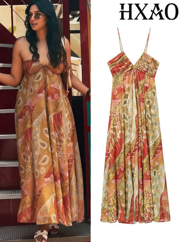 HXAO Slip Printing Womens Dresses Floral Sleeveless Boho Evening Party Long Dresses Summer Beach Bohemian Backless Flower Female