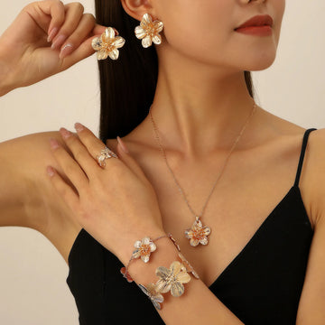 LATS Crinkled Textured Flowers Necklace Earrings Bracelet Anklet Ring Bracelet New Design Jewelry Set Fashion Accessories Gifts