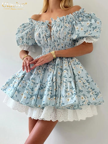 Clacive Summer Slim Print Women's Dress Fashion Slash Neck Short Sleeve Mini Dresses Elegant High Waist Patchwork Female Dress