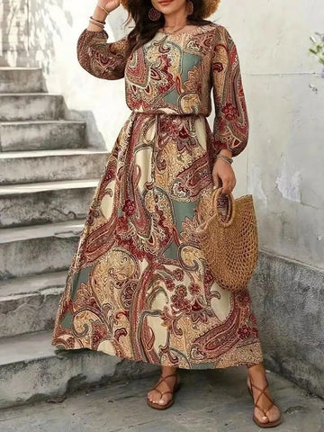 Plus size women's paisley print long-sleeved elegant dress with drawstring waist for slimming, holiday style, ethnic style print