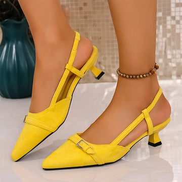 Fashion Yellow High Heels Sandals for Women Buckle Decor Pointed Toe Slippers 2025 Summer Light Slingback Thin Heeled Sandals