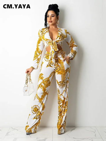 CM.YAYA Streetwear Paisley Chain Two 2 Piece Set Women Outfits Tie Up Shirt and Wide Leg Loose Pants Suit INS Tracksuit