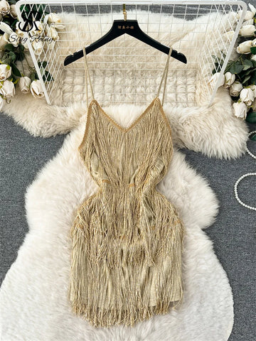 SINGREINY 2024 Sensual Backless Tassel Camis Dress Sleeveless Skinny Club Dress Women Fashion Short Sequined Party Sexy Dress