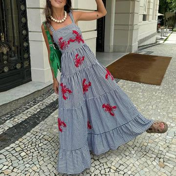 Imcute Women Cute Embroidered Maxi Dress Beach Dress Summer Boho Ruffle Long Dress Spaghetti Strap Flowy Maxi Dress