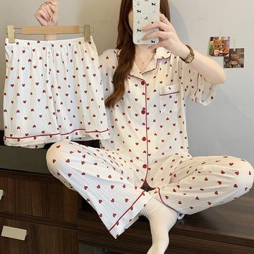 2025 Summer New Casual Pajamas for Women Harajuku Style Kawaii Fashion Set 3 Piece Woman Sleepwear Lapel Neck Sweet Loungewear