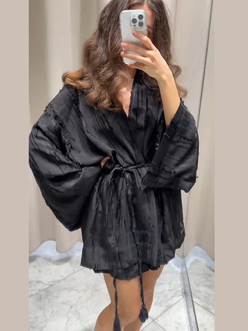2025 Antumn Women's Outfits Solid Elastic Wide Shorts And Lace Up Tassels V-neck Full Sleeves Shirt Female High Street New Suits
