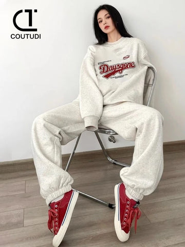 COUTUDI Women Hooded Set 2 Pieces Winter Fashion Tracksuit Suit Oversized Casual Hoody Pullovers Long Pant Sets Women Sportwears