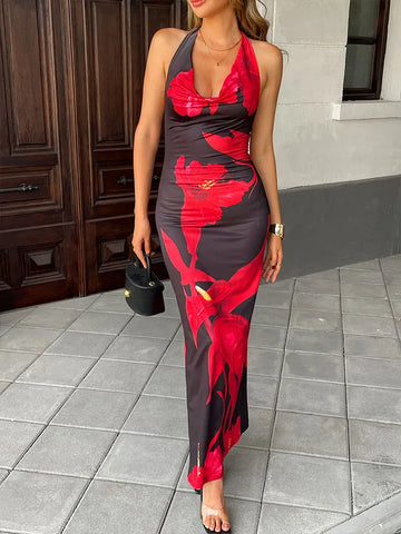Women's Maxi Dresses Summer New Streetwear Fashion Lace-up Knitted Dress Red Sexy Female Print Backless Low Chest V-Neck Dresses