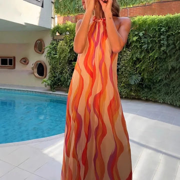 2025New Style Foreign Trade Independent Station European and American Women's Dress New Printed Halter Neck Backless Holiday Dre