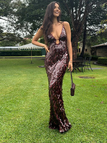 Fashion Sequined Slip Long Dress Women Sleeveless Deep V-neck Backless Slim Maxi Dress 2025 Summer Chic Party Birthday Dresses