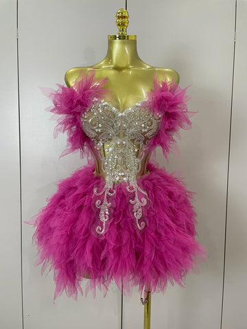 Sexy Strapless Two Pieces Set Prom Gown Mini Dress 2025 Women Celebrate Nightclub Party Performance Costume Singer Stage Wear