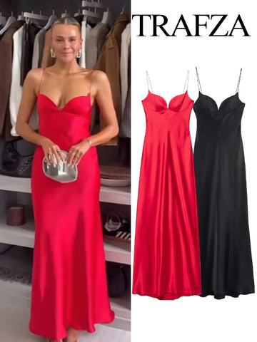 TRAFZA 2025 Women Red V-Neck Holiday Style Satin Texture Long Dress Sleeveless Summer Women's Back Zipper Fashion Sling Dresses