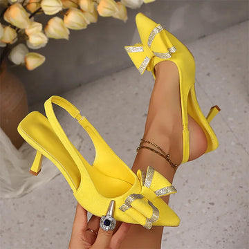 Shiny Crystal Bowtie High Heel Sandals Women Yellow Slingback Thin Heels Dress Slippers Plus Size Comfort Pointed Toe Sandals