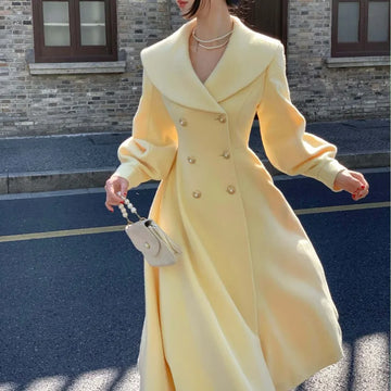 Fashion Women's Long Coats Winter New Outerwear Lapel Double Breasted Lantern Sleeve Solid Vintage Chic Woolen Overcoats