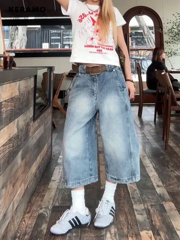 Harajuku Loose High Waist Calf Length Jeans Female Kpop Hight Street Retro Y2K Pants Women's Vintage Light Blue Denim Trouser
