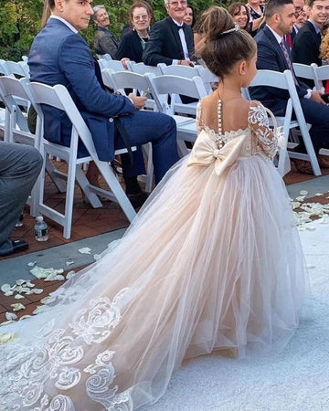 BABYONLINE Long Sleeve Flower Girl Dresses For Wedding Guest Kids Bridesmaid With Bow White Ivory Lace Tulle First Communion