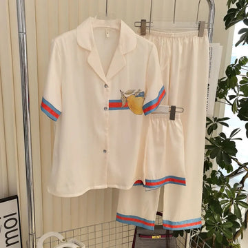 2025 Three Piece Pajamas Set Spring Summer Women Short Sleeve Pants Fashion Print Rabbits High Quality Nightgown Sleepwear