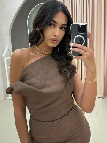 Slant Shoulder Sleeveless Pleated Long Dress Woman Solid Color Slim Slit Robe Elegant Minimalist Women's Evening Party Dresses
