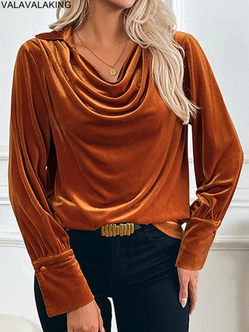 2025 Female Casual Spring Solid Velvet Top Women Long Sleeved Elegant T-shirt Office Lady Autumn Clud Pullover Tops Clothes