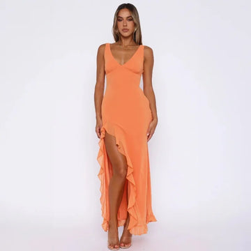 Ruffle Sexy Dresses Elegant Sleeveless cocktail dresses Solid Color V Neck Split Wooden Ear Long Club Party Evening Dresses