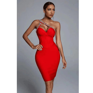 2025New Sexy Women Mini Bandage Dress One Shoulder Collar Rhinestone Decorated Shoulder Strap Bodycon Dresses Party Vestido