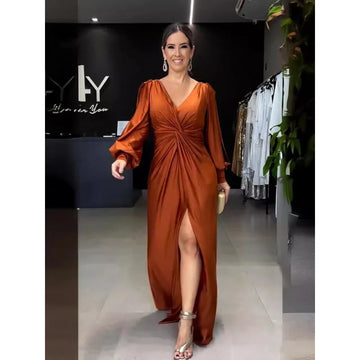 New2025European and American Summer New Style Solid Color Long Sleeve Slim Fit Slit Elegant Dress